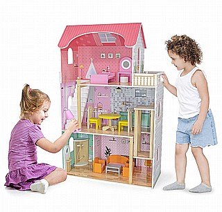 בית בובות גדולשלוש קומות עם מעלית וריהוט מורחב